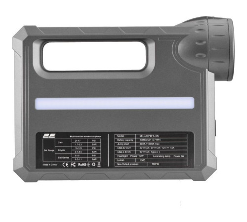 Пуско зарядное устройство 2E Pitman с автомобильным компрессором и фонарем, 10000 mAh/37Wh, 400 А, 1xUSB/2.4 A (2E-CJSPBPL-BK)