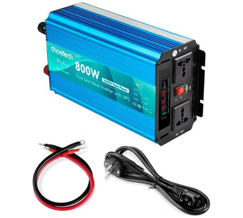 Автомобильный инвертор Choetech 12/220V 800Вт, с функцией ИБП, чистая синусоида (INV-C800WUPS-EU)