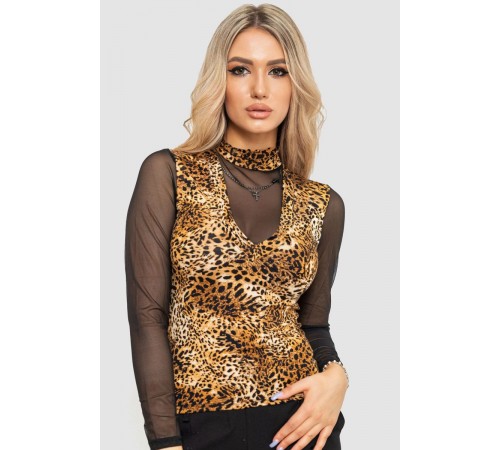 Лонгслив женский с рукавом в сетку, цвет коричнево-черный, 186RG400