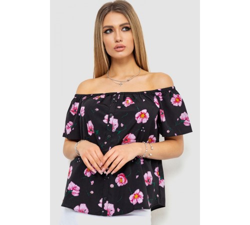 Блуза з квітковим принтом, колір чорно-бузковий, 244R088