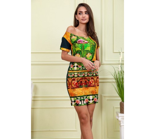 Літня сукня прямого крою, колір Зелений з принтом, 167R122-1