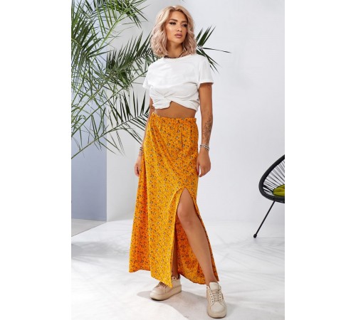Спідниця софт із квітковим принтом, колір гірчичний, 257R11