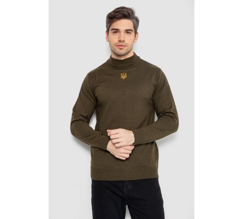 Свитер мужской однотонный с вышивкой трезубец, цвет хаки, 161R009