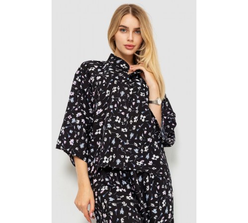 Блуза класична з квітковим принтом, колір чорний, 102R332-1