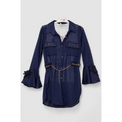 Платье-рубашка в комплекте с майкой для девочек, цвет темно-синий, 247R0495