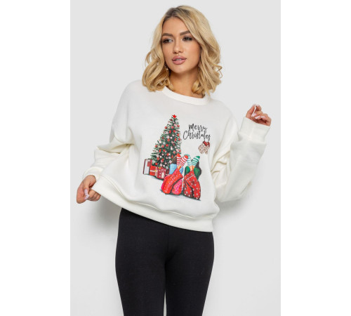 Батник женский на флисе с новогодним принтом, цвет молочный, 241R4002