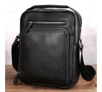 Кожаная мужская сумка-барсетка через плечо 22х26х7 / мессенджер для телефона и документов, черный