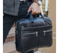 Кожаная мужская сумка для ноутбука и документов черная 39x28x8, портфель для бумаг, черный