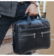 Шкіряна чоловіча сумка для ноутбука та документів чорна 39x28x8,  портфель для паперів, чорний