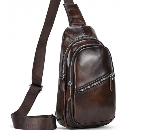 Чоловічий шкіряний слінг на одне плече 18х32х7, сумка-бананка для міста TIDING BAG 62867 коричнева