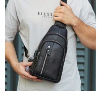 Сумка-слінг чоловіча на одне плече 18х32х7, рюкзак нагрудний з натуральної шкіри 74521 чорний