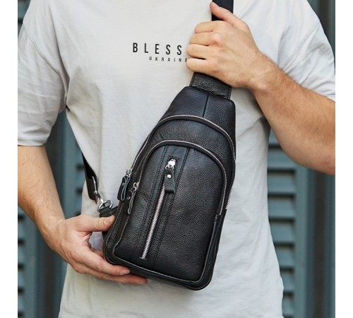 Сумка-слінг чоловіча на одне плече 18х32х7, рюкзак нагрудний з натуральної шкіри 74521 чорний