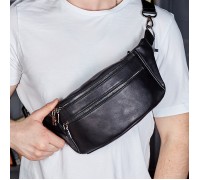 Стильная мужская бананка из натуральной гладкой кожи 14х25х10, нагрудная сумка для телефона NM-50358 черная