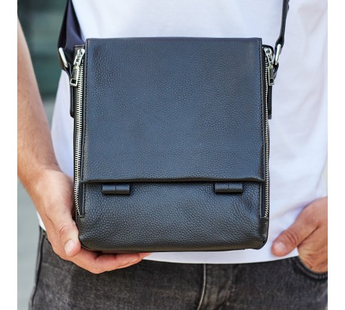 Кожаная мужская сумка-месенджер 21x24x6, барсетка из натуральной кожи Tiding Bag 9389 черная
