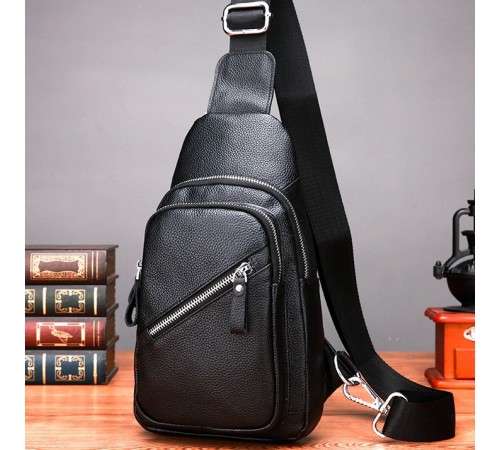 Мужской слинг через плечо 18х32х7, кожаная нагрудная бананка, сумка рюкзак Tiding Bag 33737 черная