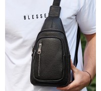 Сумка слінг чоловіча через плече 19х31х7, нагрудна сумочка рюкзак з натуральної шкіри TIDING BAG 32545 чорна